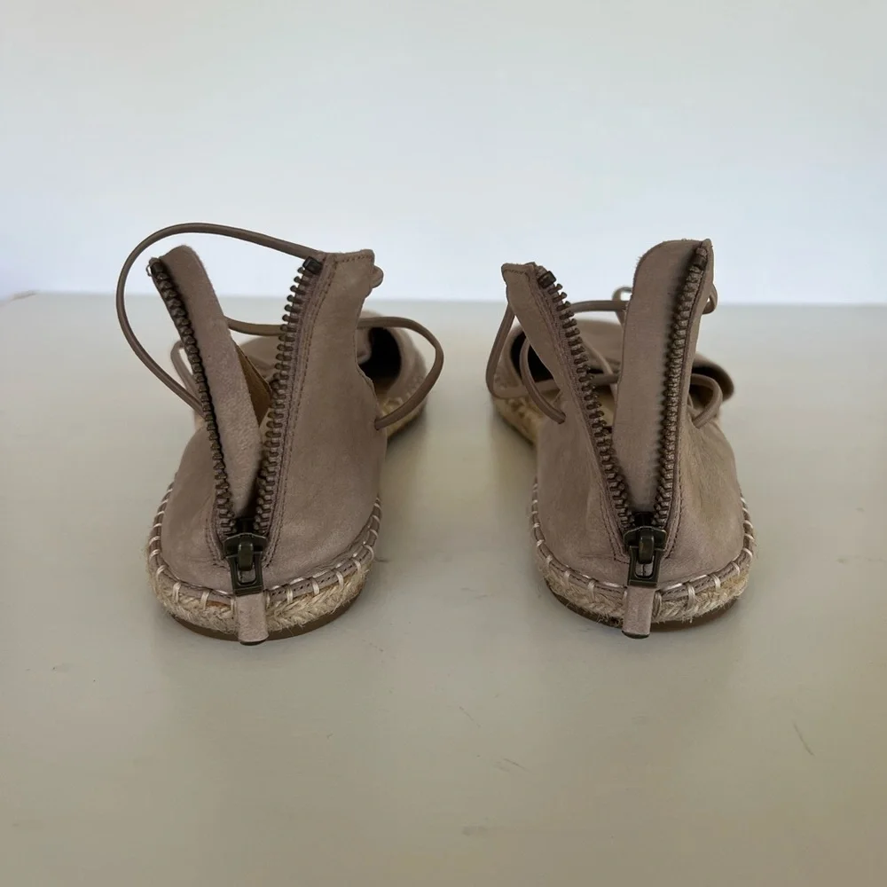 Eileen Fisher Flat Elastic Zip Back Espadrille Sandals in Tan Nubuck, size 10